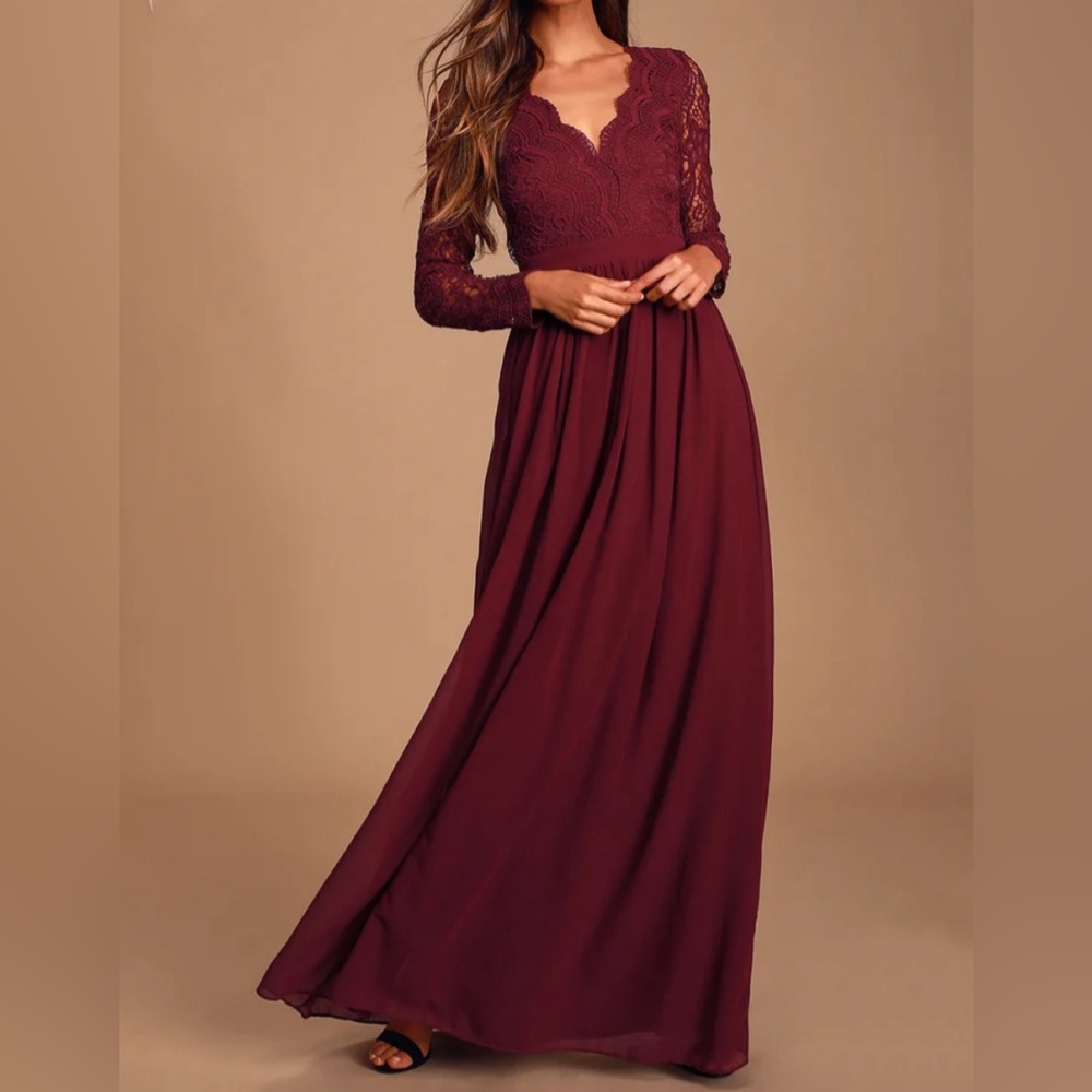 Lulus Burgundy Lace Open Back Maxi Dress Long Sleeve Wedding Guest Small